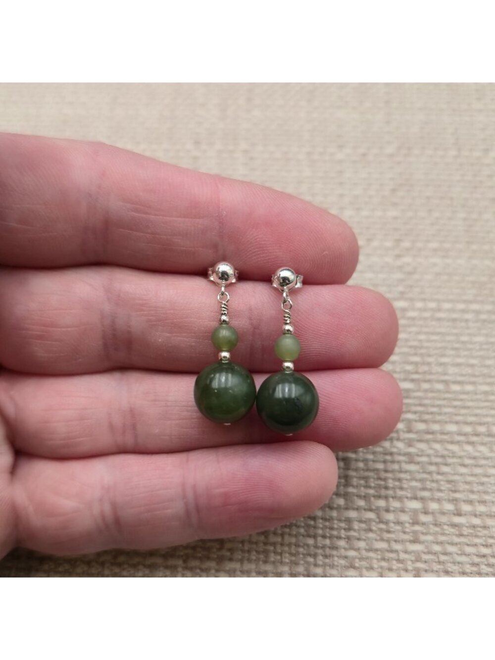 Sterling Silver Two Tier Green Jade Ball Dangle Post Drop Earrings A8554